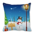 Blue Christmas throw pillow cover with snowman, Santa's sleigh, and church scenery - 18x18 Inch / Winter Snow Scene Snowman and Church Style (10)