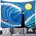 Watercolor nautical tapestry featuring a lighthouse, waves, and sun above a gray sofa - 150x100cm / Illustration Wave Lighthouse (Peach Skin)