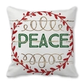 Dettaglio della federa in pelle di pesca con scritta PEACE verde e corona di foglie - Design Peace con Tavola di Legno Vintage (21) / 45x45cm