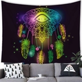 Neon dreamcatcher tapestry with feathers and all-seeing eye over a grey sofa scene - 100X70 / Neon Colorful Mandala Style (5) / 【product Attributes】: A Decorative Tapestry With A Black Background. The Main Pattern Is A Neon-colored Dreamcatcher Combined With A Mandala Style Design Featuring An All-seeing Eye Element At The Center And Adorned With Several Brightly Colored Feathers And Pink Lock And Key Pendants. 【visual Presentation】: Displayed In A Home Setting The Tapestry Hangs Above A Gray Sofa On The Wall. The Image Quality Is High With The Neon Pattern Exhibiting A Distinct Luminous Quality Creating A Strong Contrast With The Dark Background. Aesthetic Appeal Is High With An Overall Score Of 8.5 And The Overall Atmosphere Is Excellent. 【text Content】: There Is No Text Content In The Image; It Is Purely A Graphic Display. 【logistics Labels】: None. 【infringement Risk】: No Infringement Is Detected; The Product Is A Popular Decorative Pattern. Background Infringement Is Also Not Detected. 【product Parameters】: Visually It Is A Large-sized Tapestry Likely Made Of Lightweight Polyester Fabric Suitable For Interior Wall Decoration.