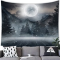 Night forest tapestry with full moon and mountain landscape hanging above a grey sofa - Moonlight Forest Mist (10)
