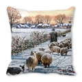 Merry Christmas peach skin pillow featuring an oil painting of a shepherd in a snowy village - 18x18 Inch / Sunset Snow Scene Shepherd (15)