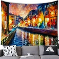Watercolor city street night scene tapestry in vibrant orange and blue oil painting style - 100x70cm / Riverbank City Lights Style (12)