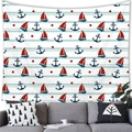 Close-up of nautical tapestry featuring red sailboats and blue anchors on striped fabric - Sailing Anchor Polka Dot Style