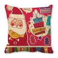 Christmas pillowcase with Santa Claus, gift boxes, and trees on red polka dot background - Red Polka Dot Santa Holding Bird Style