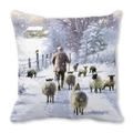 Winter country snow scene oil painting style peach skin square cushion cover - 18x18 Inch / Shepherd To Lit Cottage (17)