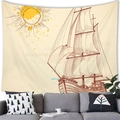 Arazzo vintage con barca a vela onde oceaniche e arte del sole per decorazione murale - Stile Barca a Vela Retrò / 150x100cm (Pelle di pesca)