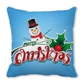Blue Christmas pillow cover featuring a snowman and Merry Christmas text in peach skin fabric - 18x18 Inch / Blue Background Snowman with Holly Style (15)