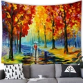 Impressionist autumn park oil painting tapestry showing a person with white umbrella - 100x70cm / Red Coat Umbrella Walking Style (13)