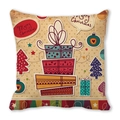 Vintage Christmas throw pillow cover with Santa and reindeer patterns on peach skin fabric - Beige Vintage Christmas Tree Gift Box Style