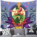 Detail of Lakshmi tapestry hanging as wall decor behind a grey sofa in living room - Cartoon Lakshmi Style (100x70 Peach Skin) / 100x70(Peach Skin)