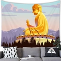 Detail showing gold Buddha tapestry hanging on white wall over a grey sofa - Purple Mountain Golden Buddha Style (100x70 Peach Skin) / 100x70(Peach Skin)