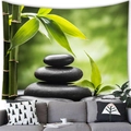 Zen decorative wall tapestry with balanced stones and green bamboo over a modern sofa - Style 18