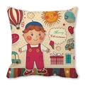 Retro cartoon boy Christmas cushion cover in soft peach skin fabric with festive patterns - Warm Yellow Blue Hat Boy Hot Air Balloon Style
