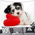 Watercolor bully dog puppy with red heart pillow on home decor wall tapestry - 100cmx70cm / Puppy Heart Cushion Style (16)