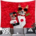 Detail of bulldog tapestry with red sunglasses and roses displayed over a gray sofa - 100cmx70cm / Jack Russell Terrier Rose Field Selfie Style (15)