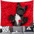 Close-up of bulldog wall tapestry hanging above a grey sofa with red rose background - 100cmx70cm / French Bulldog Rose Sea Style (14)