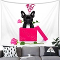Detail of French Bulldog tapestry with dog in pink gift box over a grey sofa - 100cmx70cm / French Bulldog Pink Gift Box Style (12)