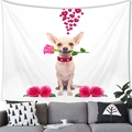 Detail showing a cute chihuahua tapestry with pink roses hanging above a grey sofa - 100cmx70cm / Chihuahua Heart Bubbles Style (11)