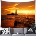 Nautical sunset tapestry featuring a white lighthouse over glowing ocean waves for home decor - 15 / 100x70(Peach Skin)