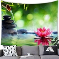 Zen garden tapestry with lotus and stones above a modern gray sofa - Style 17