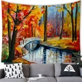 Impressionist autumn forest landscape tapestry with bridge and pond wall hanging - 100x70cm / Forest Arch Bridge Reflection Style (18)