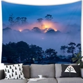 Mist forest and tower landscape wall tapestry hanging over a modern grey sofa - Morning Mist Forest Tower (14)