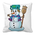 White square Christmas pillow featuring a cartoon snowman with a hat and striped scarf - 18x18 Inch / Snowman with Blue Hat and Broom (18)