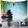 Zen theme wall tapestry with balanced stones and lotus flower over a sofa set - Style 16