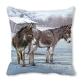 Merry Christmas square peach skin throw pillow featuring artistic winter oil painting of donkeys - 18x18 Inch / Two Donkeys Snow Painting (22)