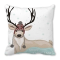 Coussin de Noël avec illustration de renne dessinée à la main et bonnet de fête - Renne Peint à la Main Bonnet Rouge (32)