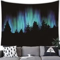 Wall tapestry featuring green aurora over pine forest silhouette above sofa decor - Black Forest Aurora (17)