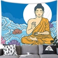 Modern Buddha wall tapestry featuring a colorful meditation scene above a sofa - Royal Blue Lotus Buddha Style (150x100 Peach Skin)