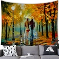 Impressionist oil painting tapestry featuring a couple with yellow umbrella in an autumn park - 100x70cm / Couple and Dog Walk Style (19)