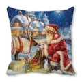 Detail of Christmas pillow featuring Santa feeding a reindeer in a snowy forest scene - Feeding Reindeer in Snowy Night (40) / 18x18 Inch