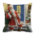 Detail of Christmas pillow featuring watercolor Santa Claus in snow with a gift bag - Santa in Snow with Gift Bag (39) / 18x18 Inch