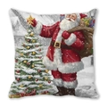 Detail of Christmas Santa Claus illustration on peach skin fabric square pillowcase - Santa with Gift Sack by Tree (37) / 18x18 Inch