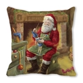 Detailed macro view of festive watercolor Santa painting on peach skin pillowcase - Santa Painting Puppet by Fireplace (36) / 18x18 Inch