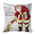 Christmas pillow cover with watercolor Santa Claus and puppy on snowy village background - Santa with Gift Box and Dog (34) / 18x18 Inch
