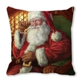 Detailed view of square Christmas pillowcase featuring a watercolor Santa Claus portrait - Smiling Santa in Armchair (32) / 18x18 Inch