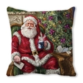 Detail of Christmas pillowcase with watercolor Santa Claus sitting on a green chair - Santa in Armchair with Snowman Mug (18) / 18x18 Inch