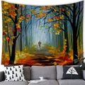 Autumn forest oil painting tapestry hanging above a gray sofa in a warm living room - 100x70cm / Late Autumn Forest Trail Style (20)