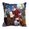 Detail of Christmas pillow featuring Santa, reindeer, and elves in watercolor style - Santa and Elf with Gift Bag (16) / 18x18 Inch