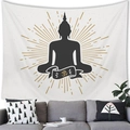Buddha silhouette tapestry with gold Om symbol and sunburst lines over a grey sofa - Om Symbol Black Buddha Shadow Style (150x100 Peach Skin)