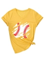 Detail of V-neck mustard yellow baseball print tee with rolled sleeves and side knot design - Ginger Yellow
