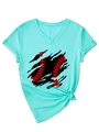 Detail view of mint green V-neck T-shirt with baseball graphic print and stylish hem knot - Mint Green