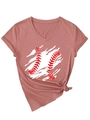 Detail of dusty rose V-neck t-shirt with baseball stitching print and stylish side knot - Dusty Pink