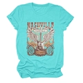 Detail of teal Nashville country music t-shirt with electric guitar and wing graphic - Deep Water Blue