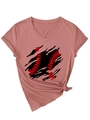 Detail of V-neck short sleeve tee featuring a baseball print and stylish knotted hem - Rose Pink