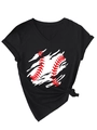 Detail of baseball print V-neck T-shirt with knot hem and rolled cuffs in black - Black